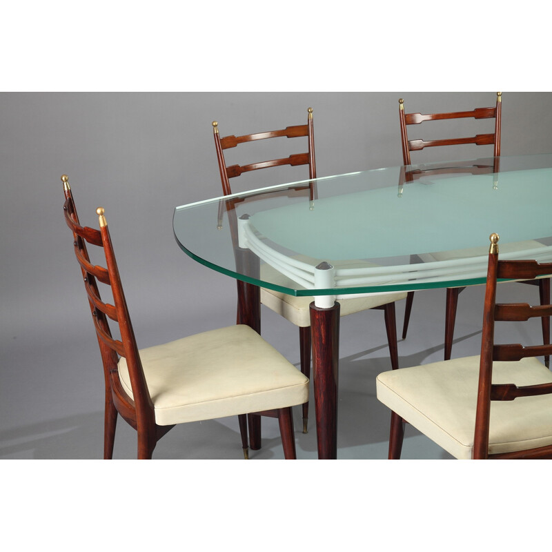 Set of dining table and 6 chairs in mahogany and glass - 1960s