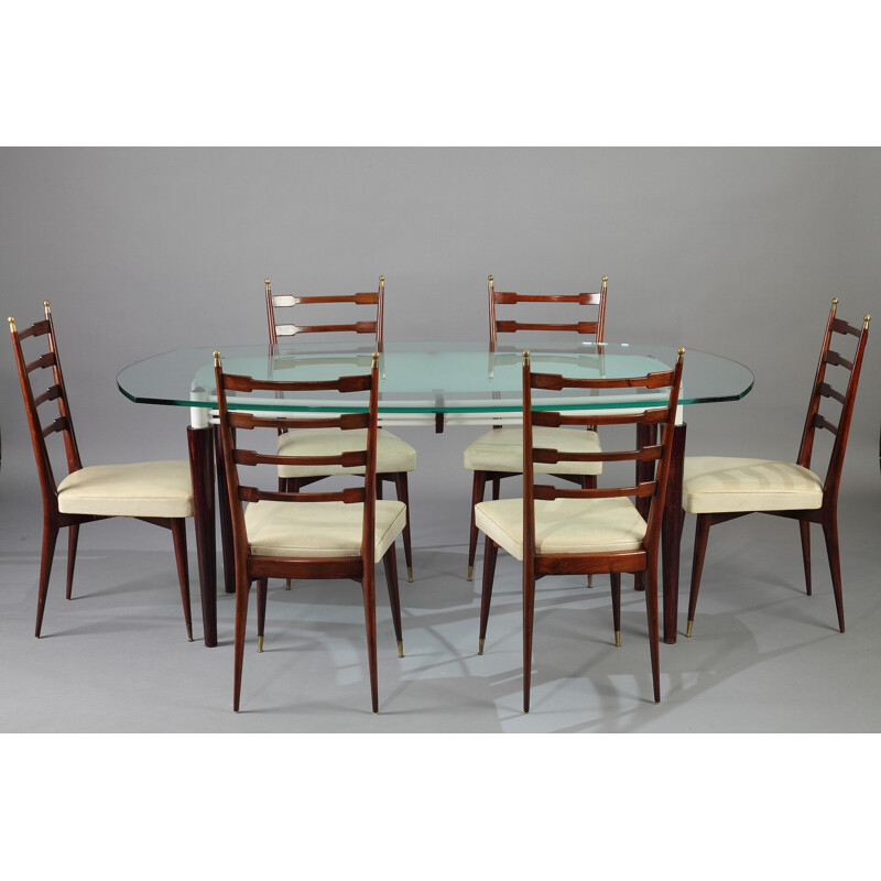 Set of dining table and 6 chairs in mahogany and glass - 1960s