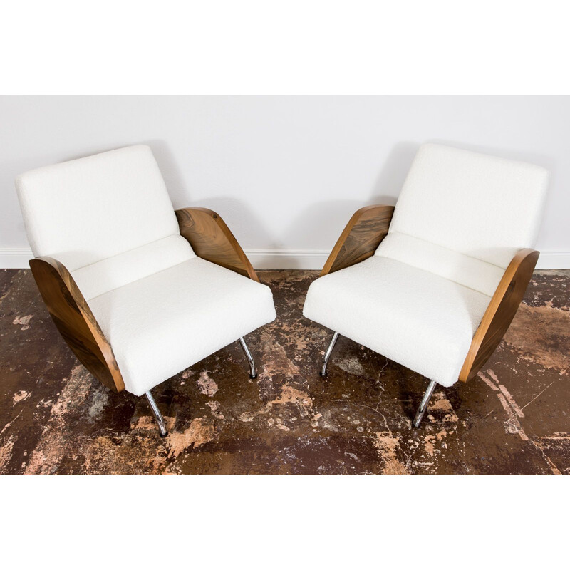 Pair of vintage walnut armchairs in white bouclé by Janusz Różański, 1950s