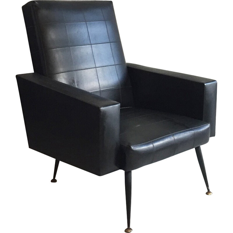 Fauteuil français en simili cuir noir et laiton - 1960