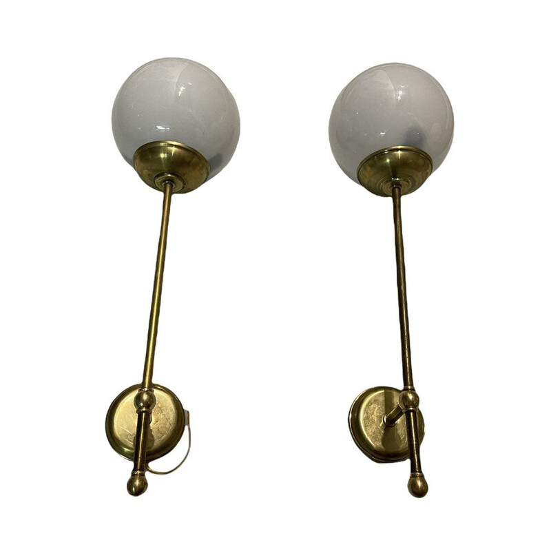 Pair of vintage sconces in brass and opal glass, Italy