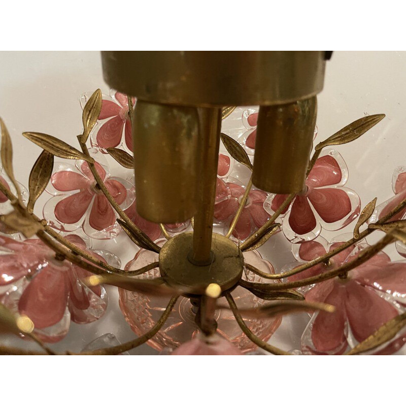 Vintage Italiaanse plafondlamp in roze Murano glas