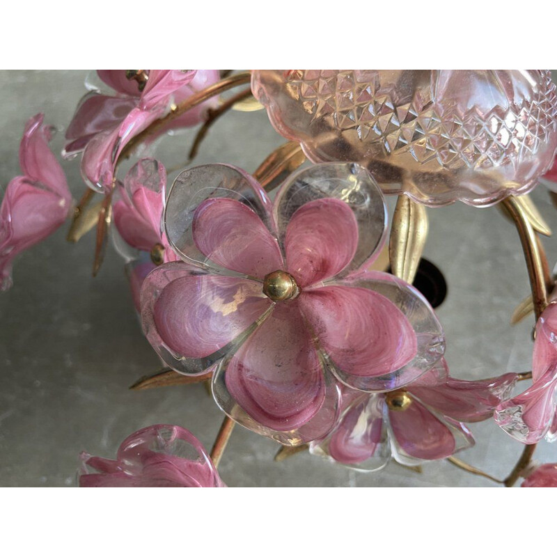 Lámpara de techo italiana vintage de cristal de Murano rosa