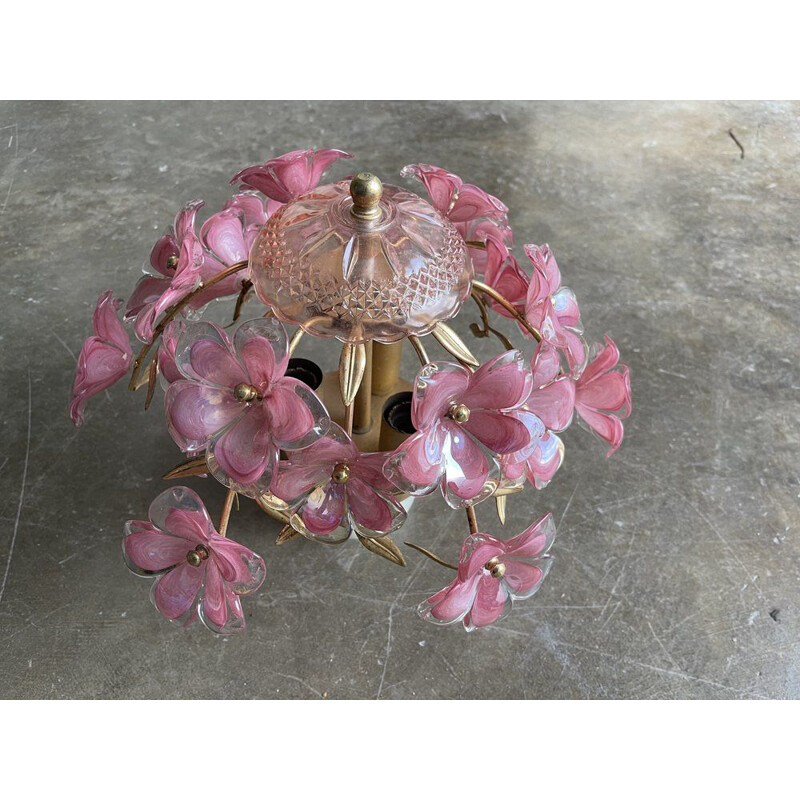 Lampada da soffitto italiana vintage in vetro di Murano rosa