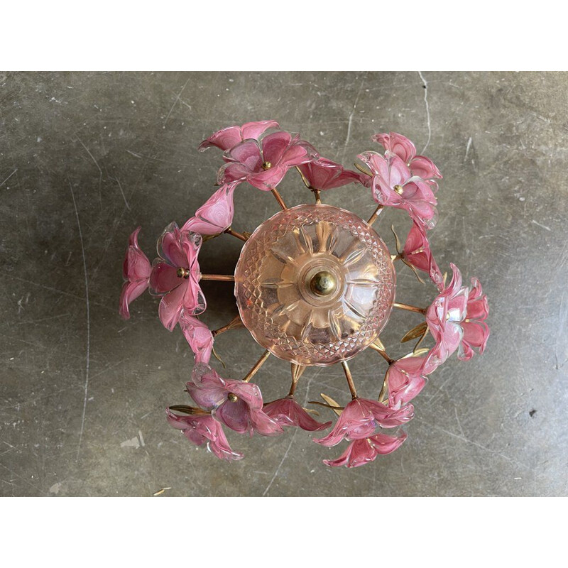 Lámpara de techo italiana vintage de cristal de Murano rosa