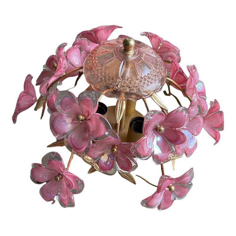 Lampada da soffitto italiana vintage in vetro di Murano rosa
