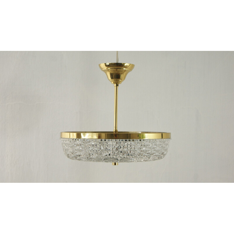 Crystal & brass vintage chandelier by Orrefors