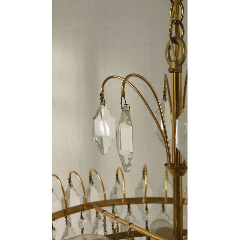 Large Mid-Century Brass and Crystal Glass Ceiling Lamp from Palwa