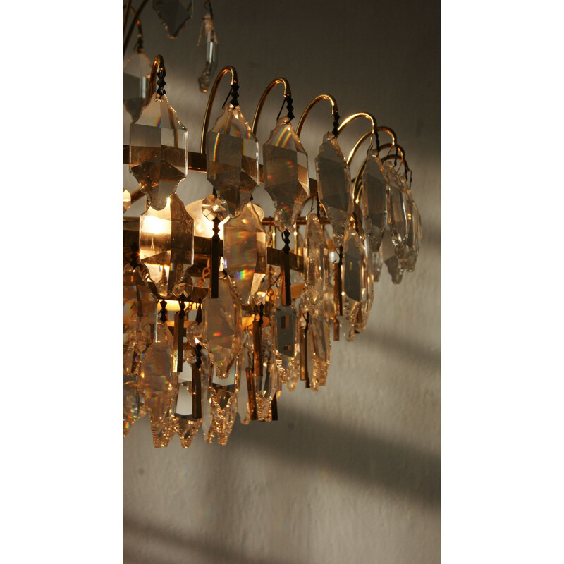Large Mid-Century Brass and Crystal Glass Ceiling Lamp from Palwa