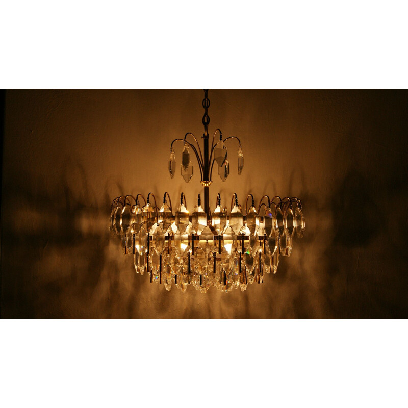 Large Mid-Century Brass and Crystal Glass Ceiling Lamp from Palwa