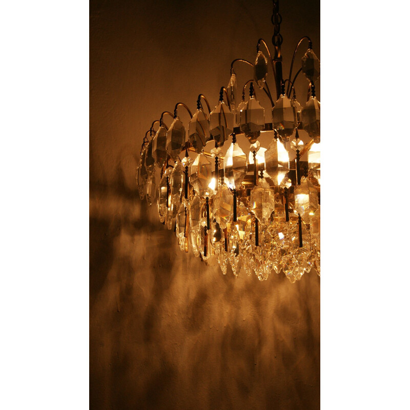 Large Mid-Century Brass and Crystal Glass Ceiling Lamp from Palwa