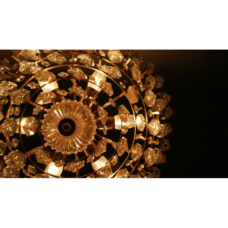 Large Mid-Century Brass and Crystal Glass Ceiling Lamp from Palwa