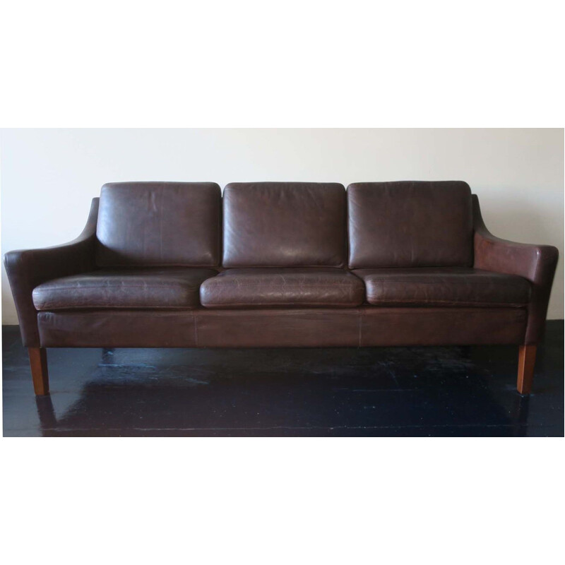 Mid-century Danish 3-seater sofa in dark brown leather