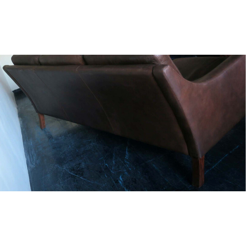 Canapé 3 places danois vintage en cuir brun foncé