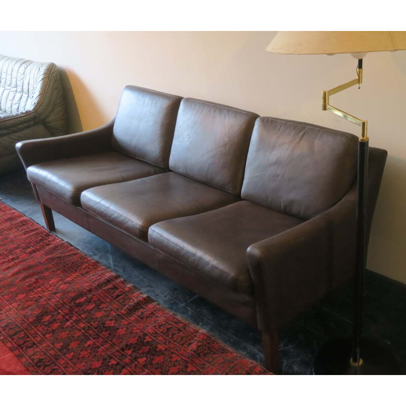 Mid-century Danish 3-seater sofa in dark brown leather