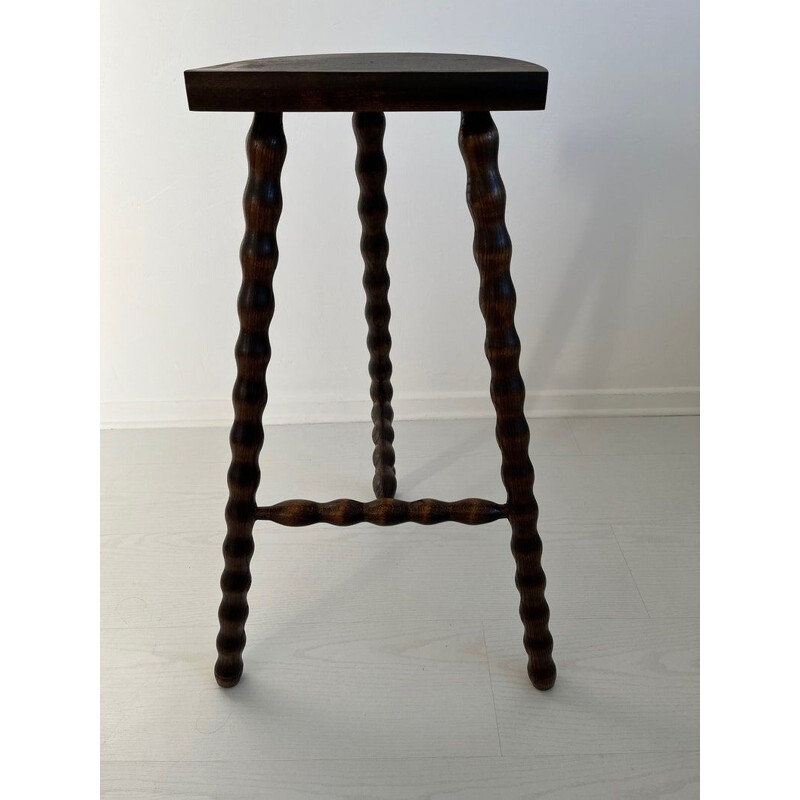 Vintage tripod stool in solid wood, France 1960