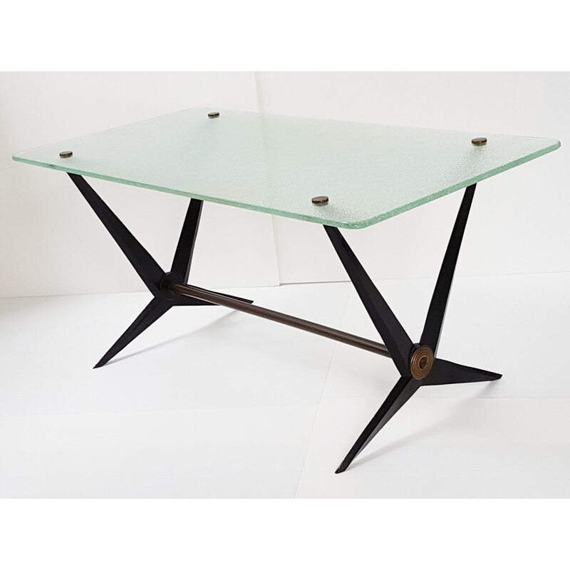 Italian coffee table in black lacquered steel and glass, Angelo OSTUNI - 1950s