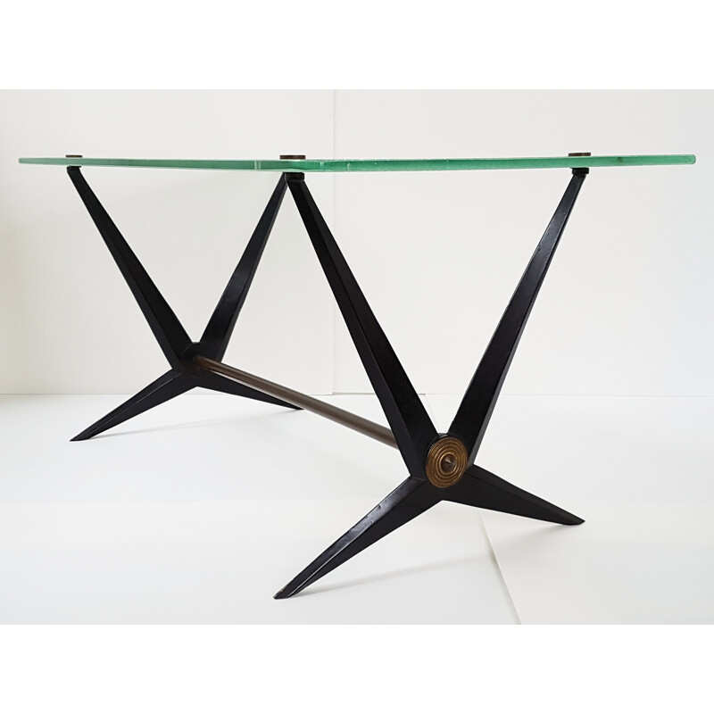 Table basse en acier laqué noir et verre, Angelo OSTUNI - 1950