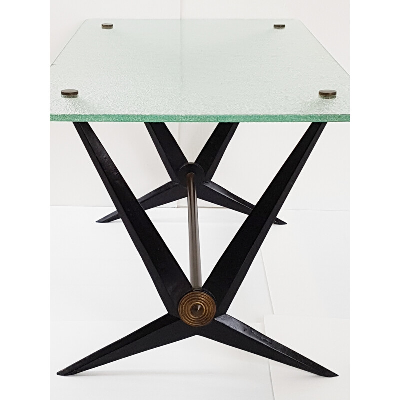 Italian coffee table in black lacquered steel and glass, Angelo OSTUNI - 1950s