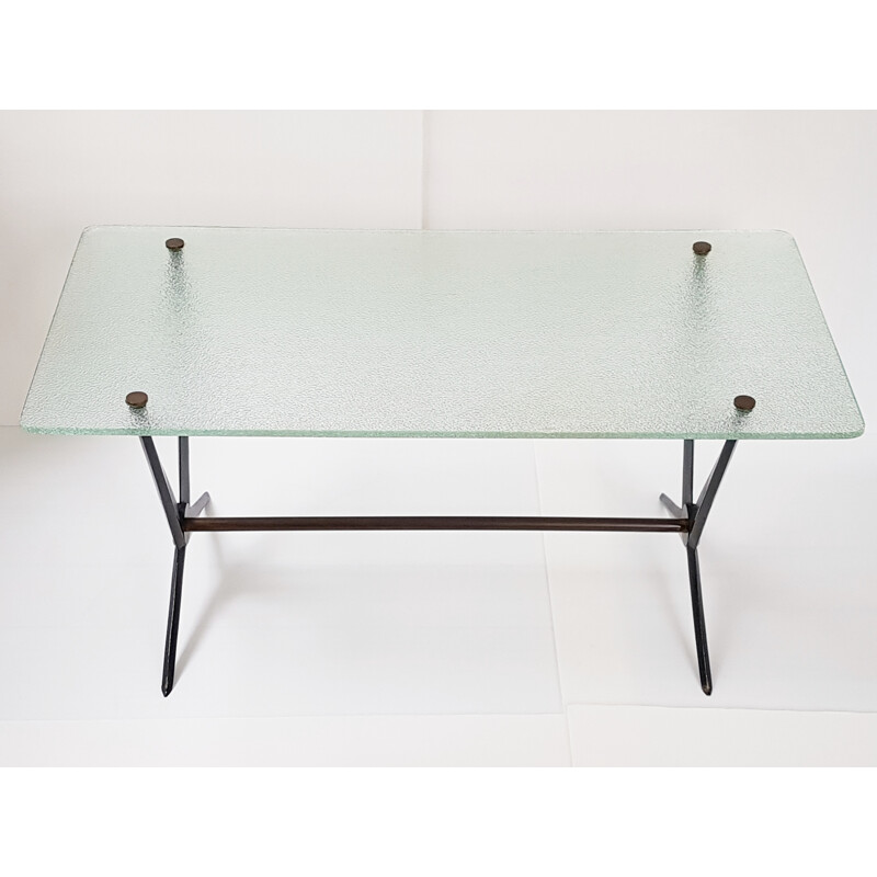 Table basse en acier laqué noir et verre, Angelo OSTUNI - 1950