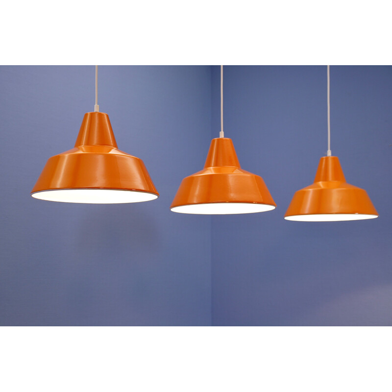 Set of 3 Danish vintage enamel lamps in orange by Louis Poulsen, 1970s