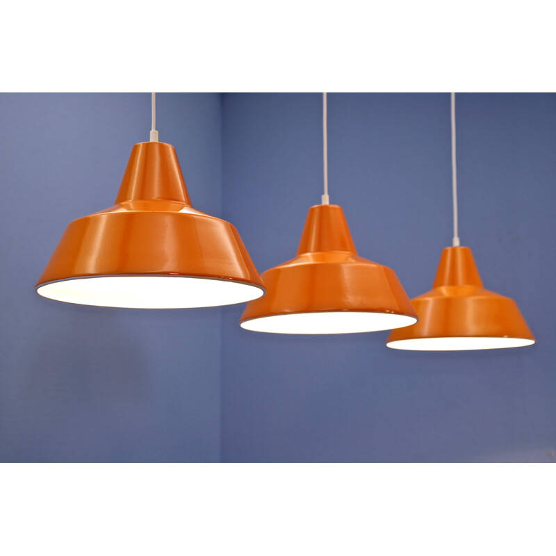 Set of 3 Danish vintage enamel lamps in orange by Louis Poulsen, 1970s