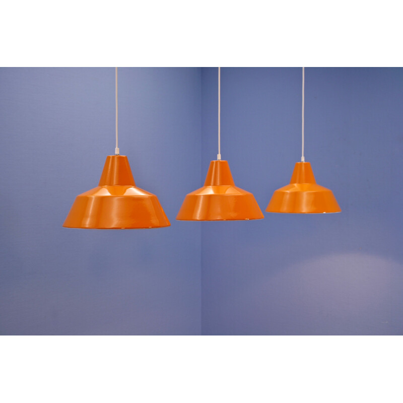 Set of 3 Danish vintage enamel lamps in orange by Louis Poulsen, 1970s