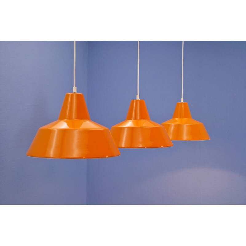 Set of 3 Danish vintage enamel lamps in orange by Louis Poulsen, 1970s