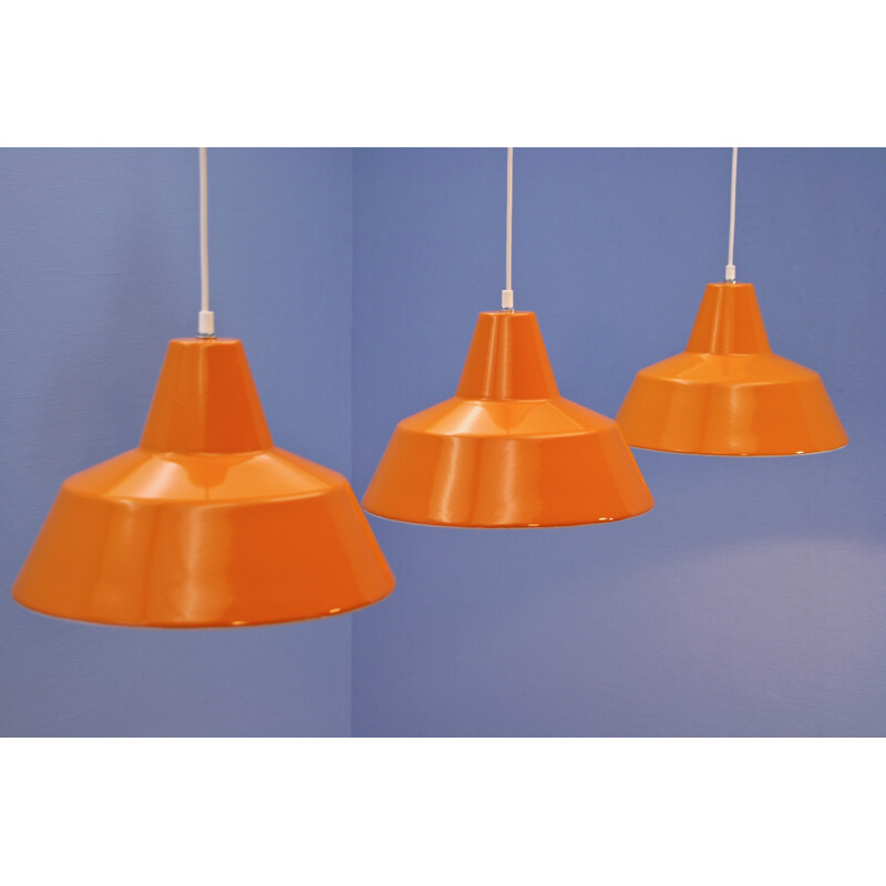 Set of 3 Danish vintage enamel lamps in orange by Louis Poulsen, 1970s