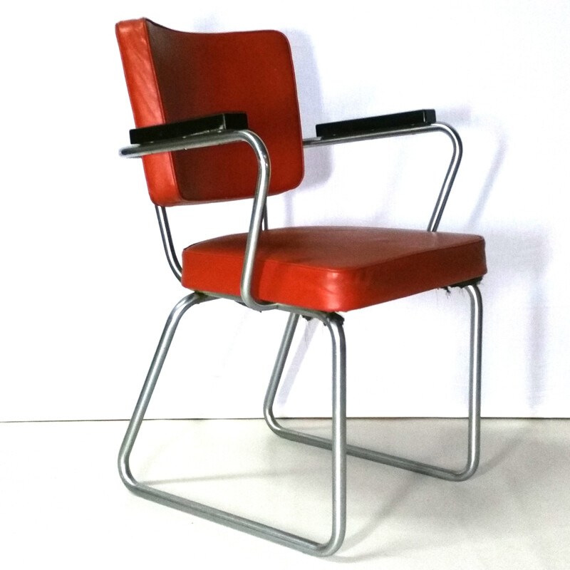 Set of 4 Gispen chairs in metal and red leather, Christoffel HOFFMANN - 1950s 