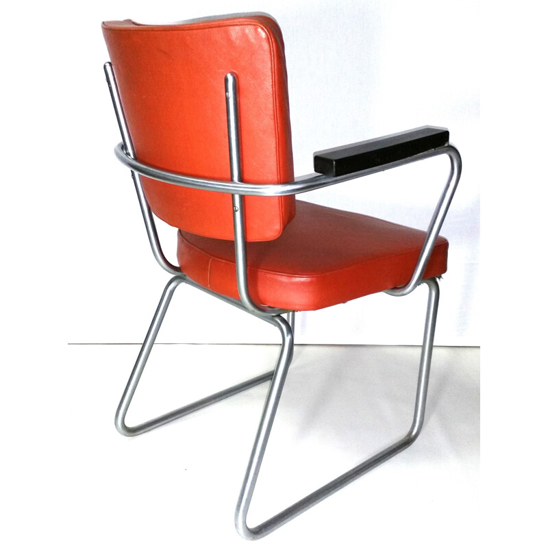 Suite de 4 chaises Gispen en métal et cuir rouge, Christoffel HOFFMANN - 1950 