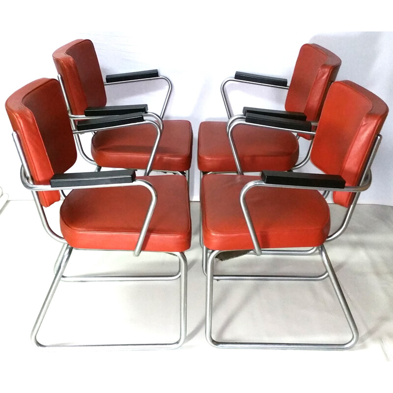 Set of 4 Gispen chairs in metal and red leather, Christoffel HOFFMANN - 1950s 