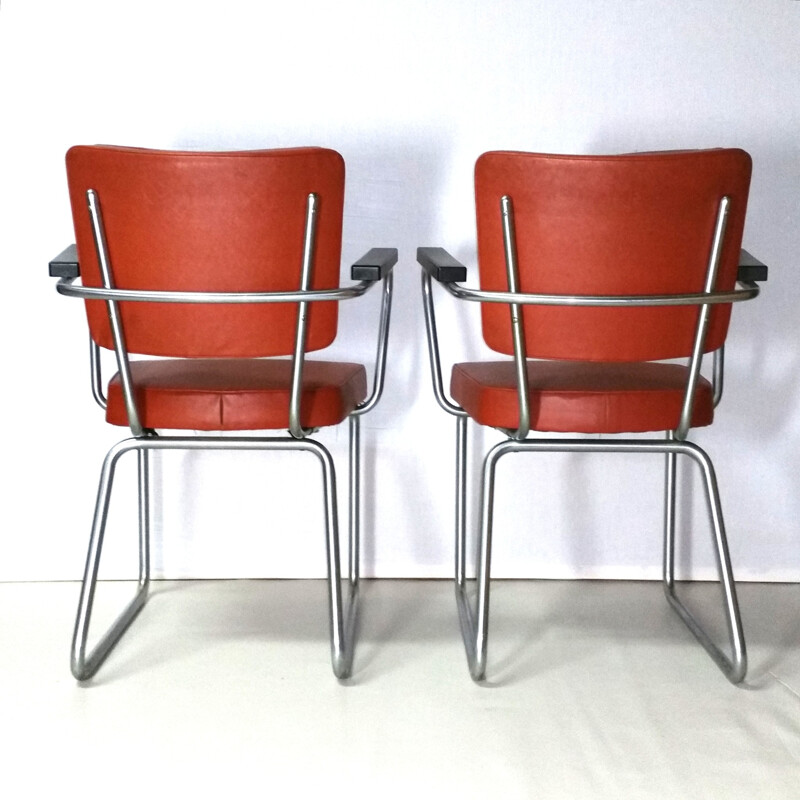 Set of 4 Gispen chairs in metal and red leather, Christoffel HOFFMANN - 1950s 