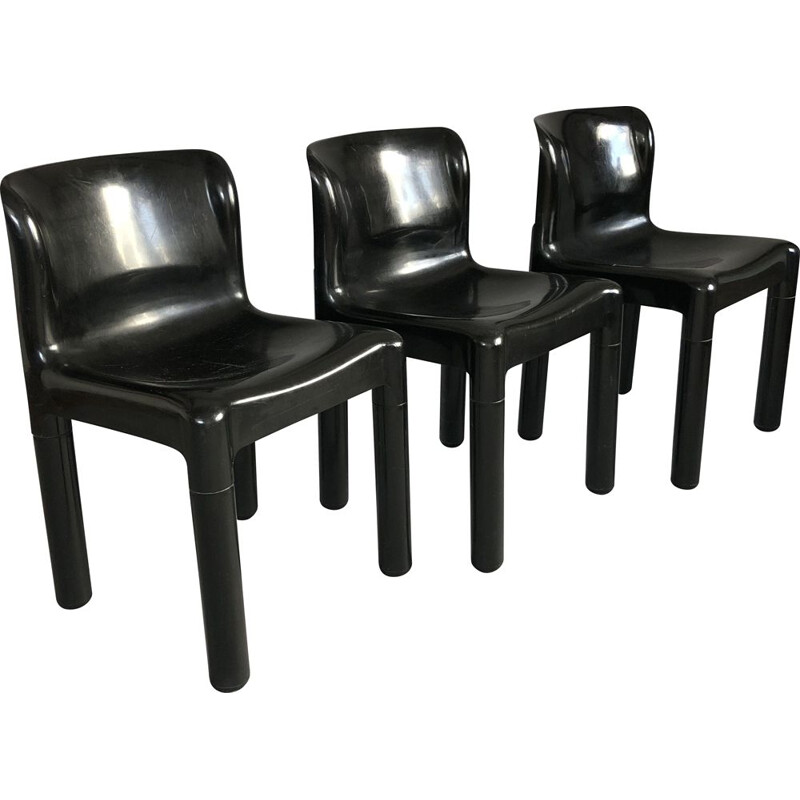 Ensemble de 3 chaises vintage en polypropylène noir par Carlo Bartoli pour Kartell, Italie 1970