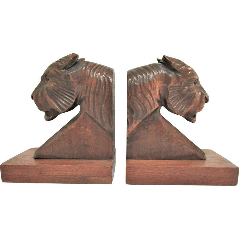 Pair of vintage Art Deco carved wood tiger bookends, 1930-1940