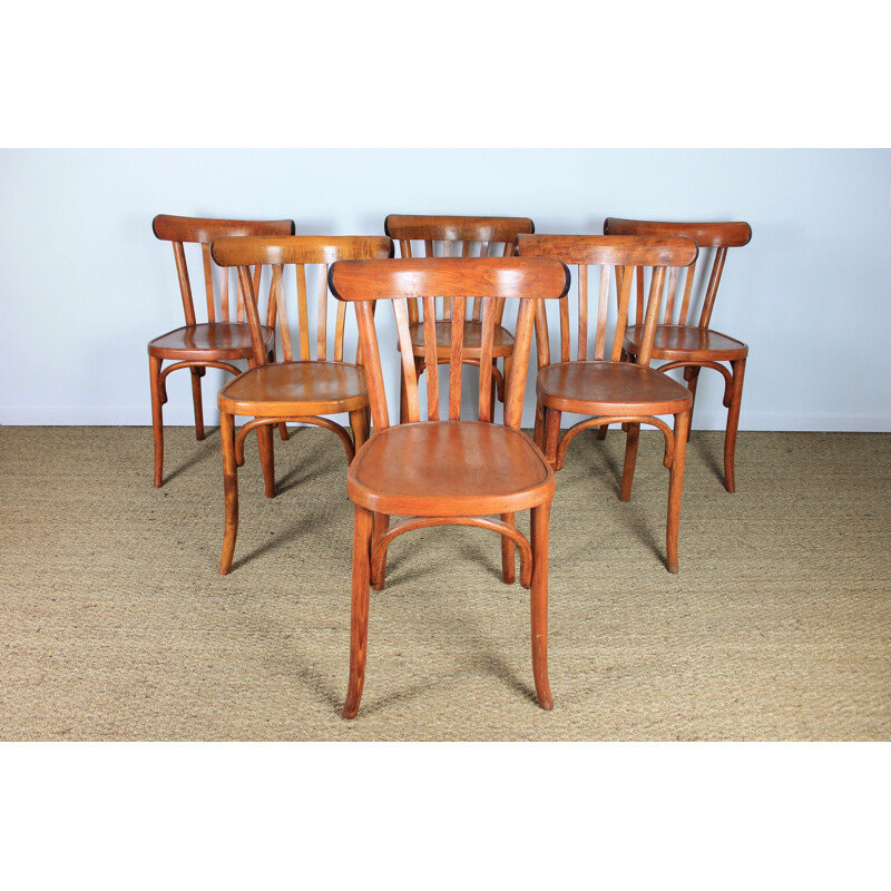 Set of 6 vintage beechwood bistro chairs, 1960