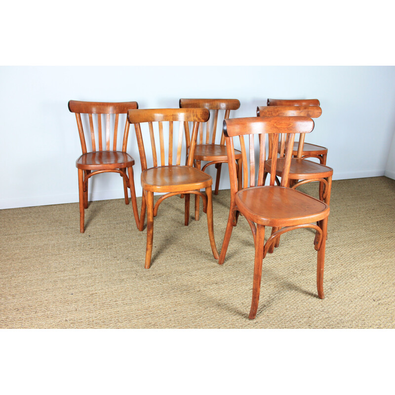 Set of 6 vintage beechwood bistro chairs, 1960