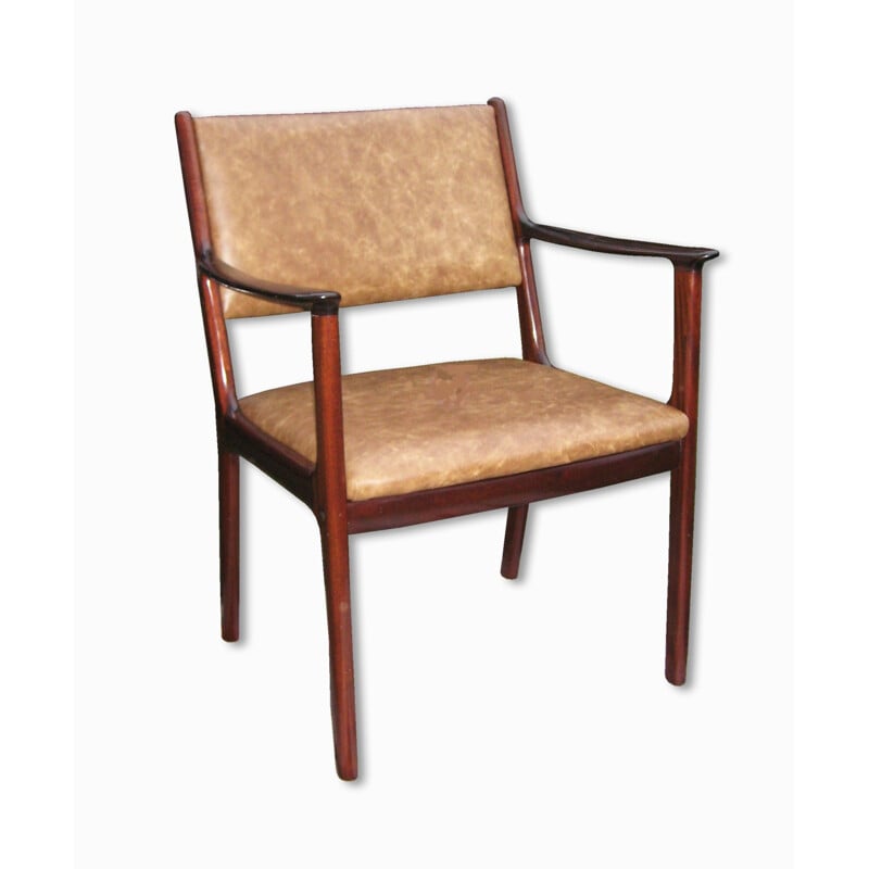 Mahoniehouten en lederen fauteuil "PJ412", Ole WANSCHER - 1960