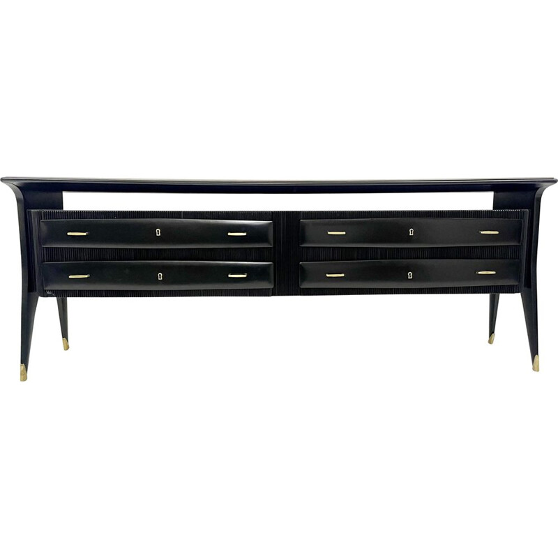 Mid-century black chest of drawers with glass top, Italy 1960s
