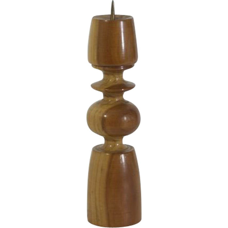 Scandinavian vintage candlestick in solid turned wood and brass