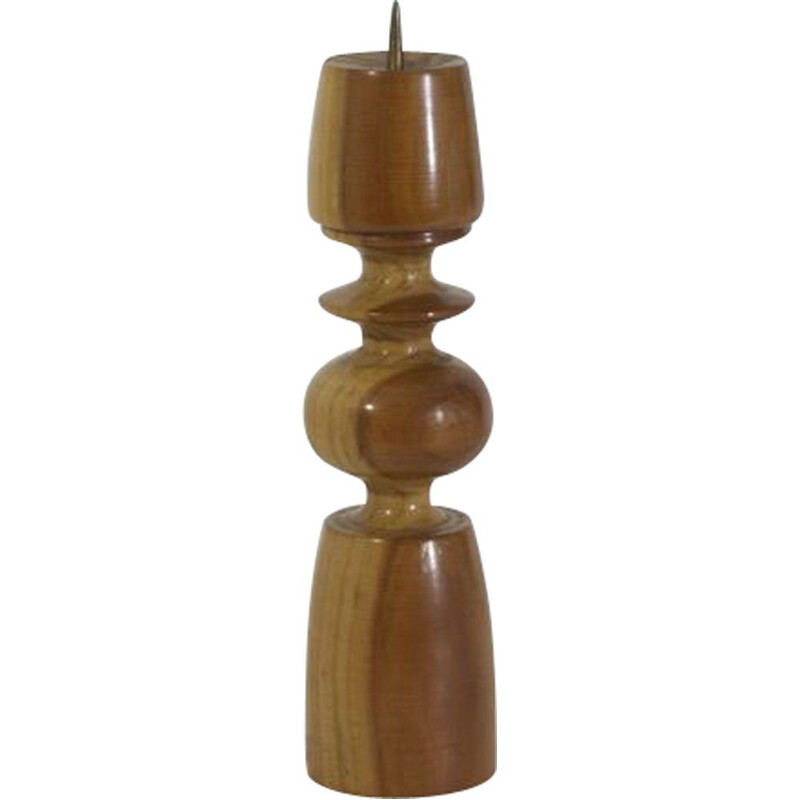 Skandinavischer Vintage-Kerzenhalter aus gedrechseltem Massivholz und Messing