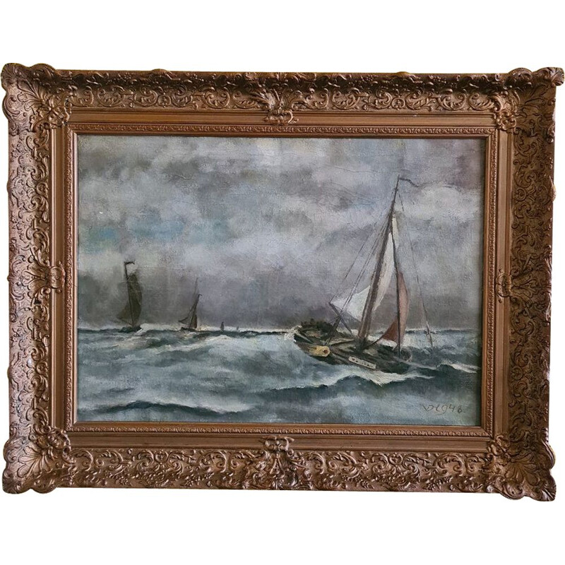 Dutch vintage painting of boats at sea, 1948