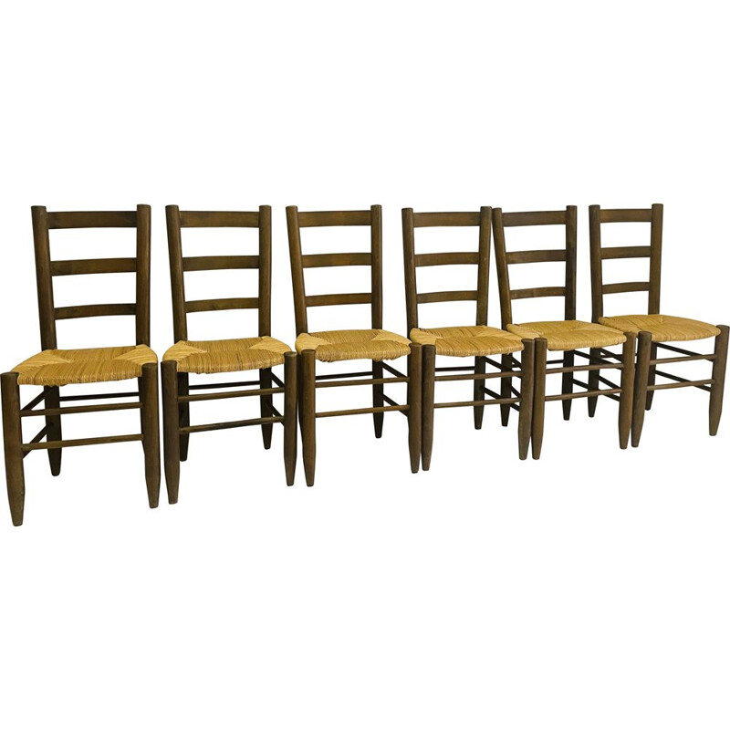 Set of 6 vintage beech and woven straw chairs, 1960