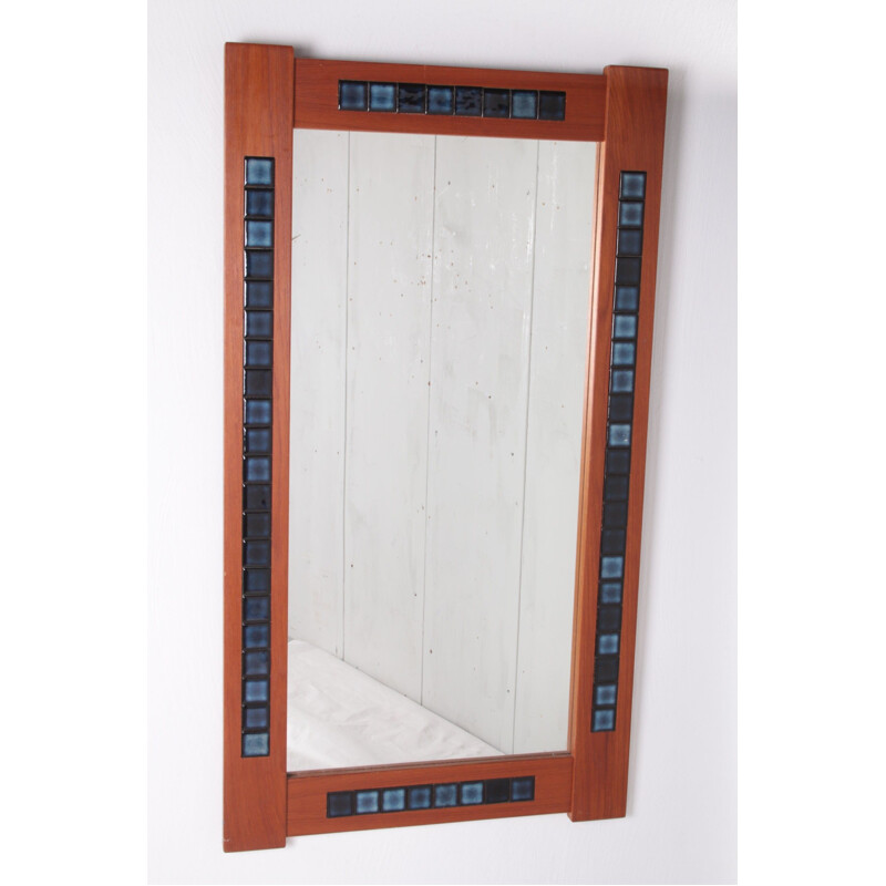 Scandinavian vintage tiled mirror with teak wood frame, 1960s