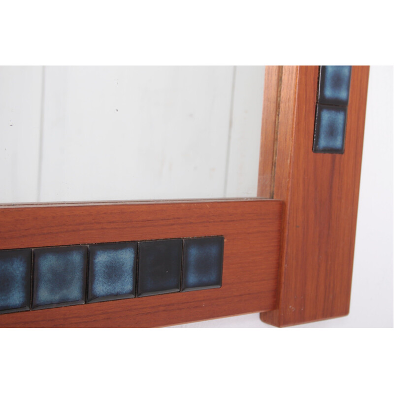 Scandinavian vintage tiled mirror with teak wood frame, 1960s