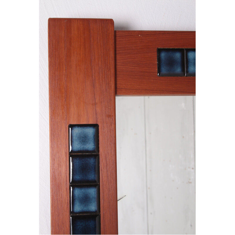 Scandinavian vintage tiled mirror with teak wood frame, 1960s