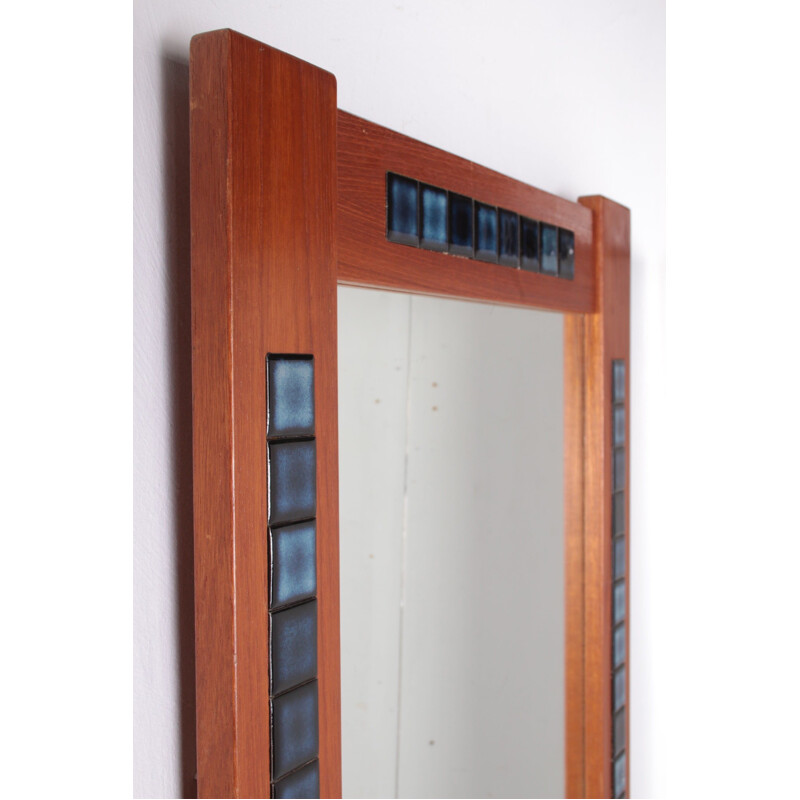 Scandinavian vintage tiled mirror with teak wood frame, 1960s