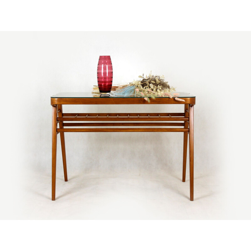 Mesa de centro vintage de madera con tapa de cristal de František Jirák, Checoslovaquia 1960