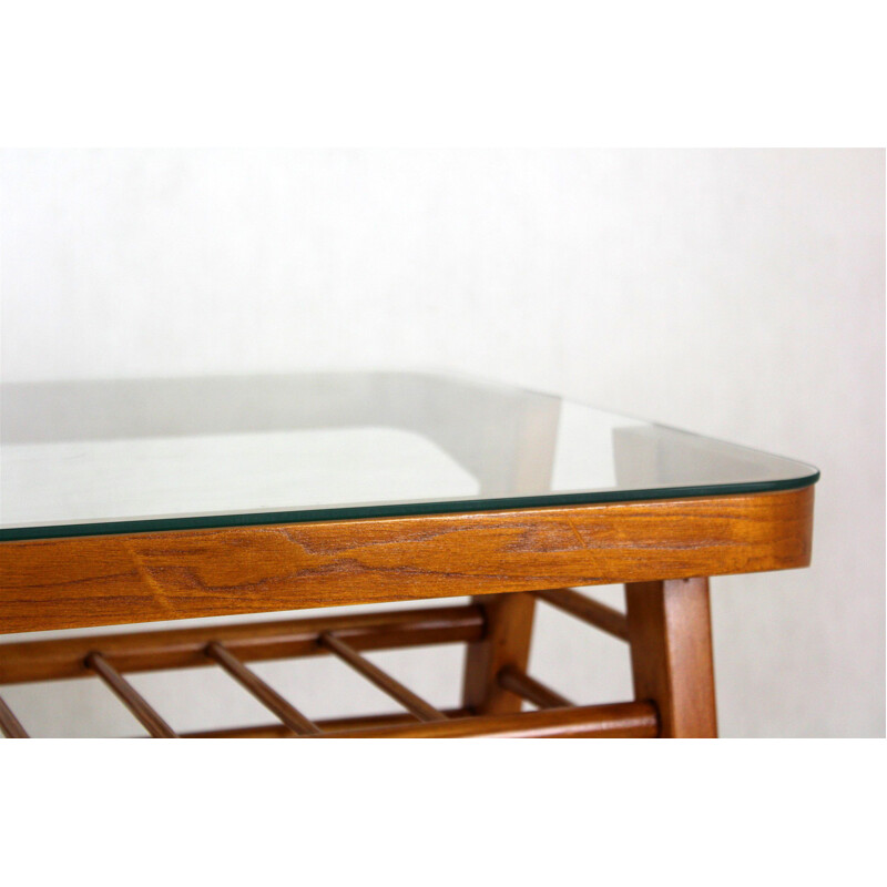 Vintage wooden coffee table with glass top by František Jirák, Czechoslovakia 1960