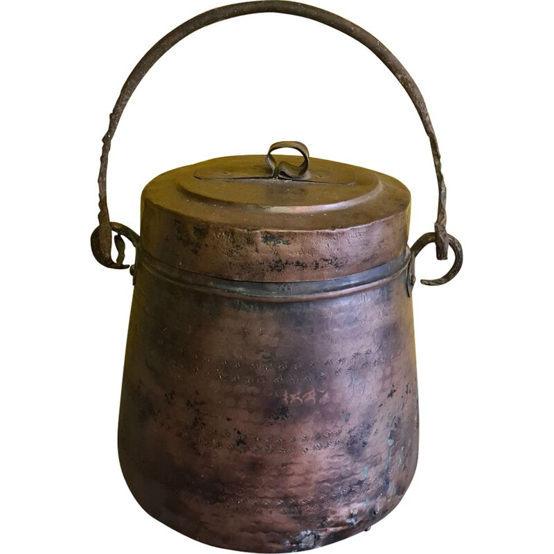 Marmite cheminée vintage en cuivre antique avec couvercle
